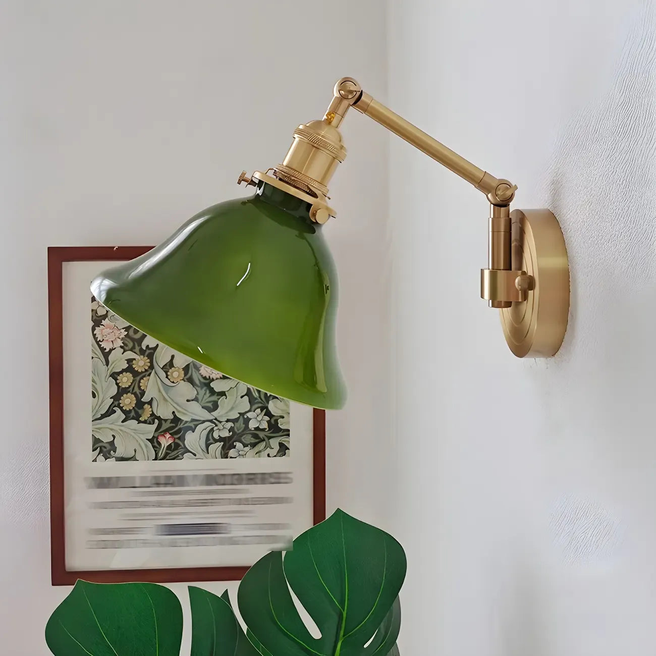 Vintage Brass Glass Adjustable Swing Arm Wall Light