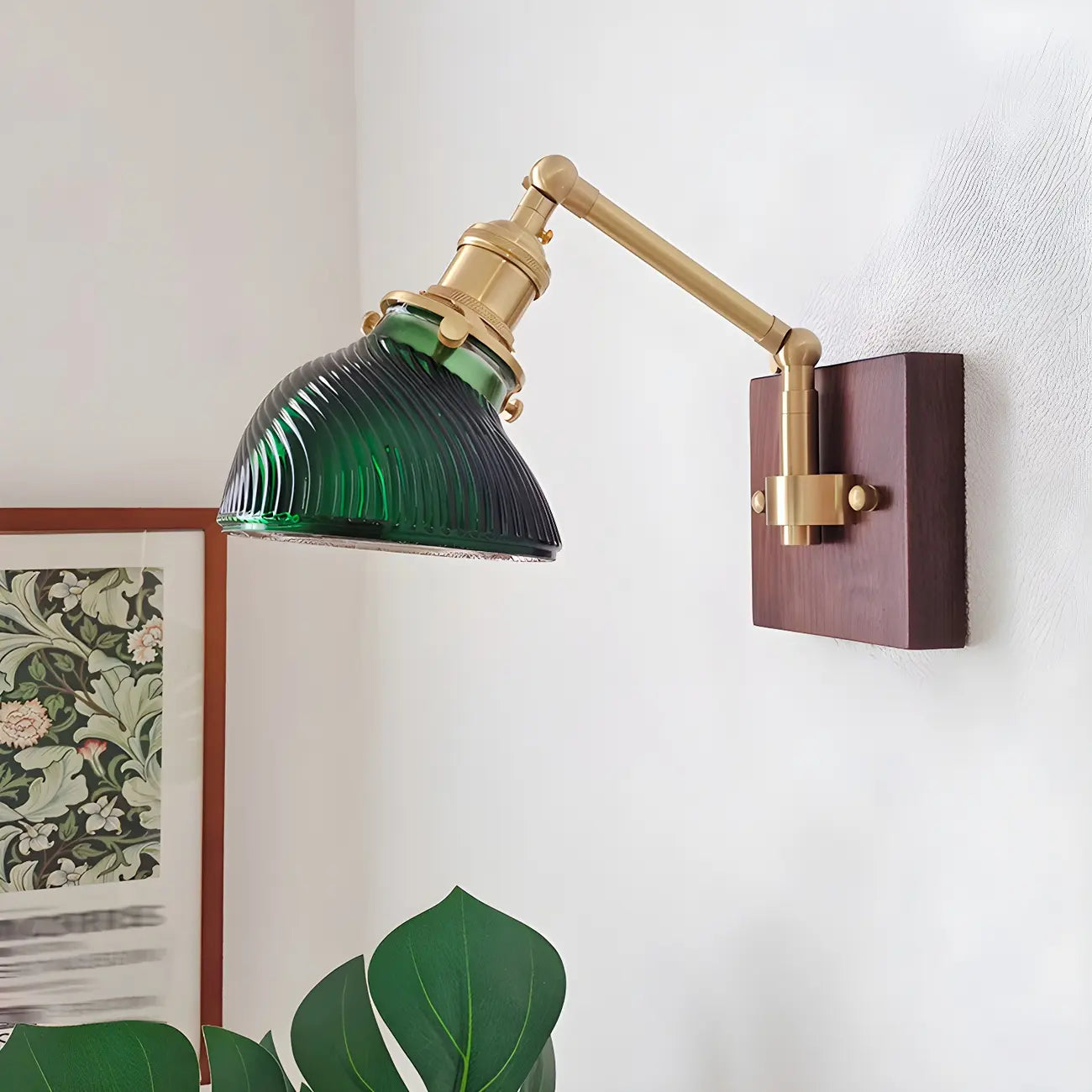 Vintage Brass Glass Adjustable Swing Arm Wall Light