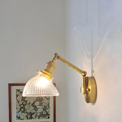 Vintage Brass Glass Adjustable Swing Arm Wall Light