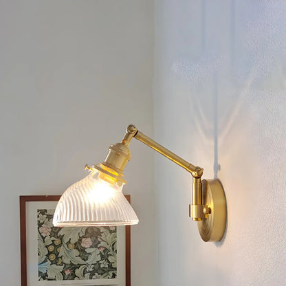 Vintage Brass Glass Adjustable Swing Arm Wall Light