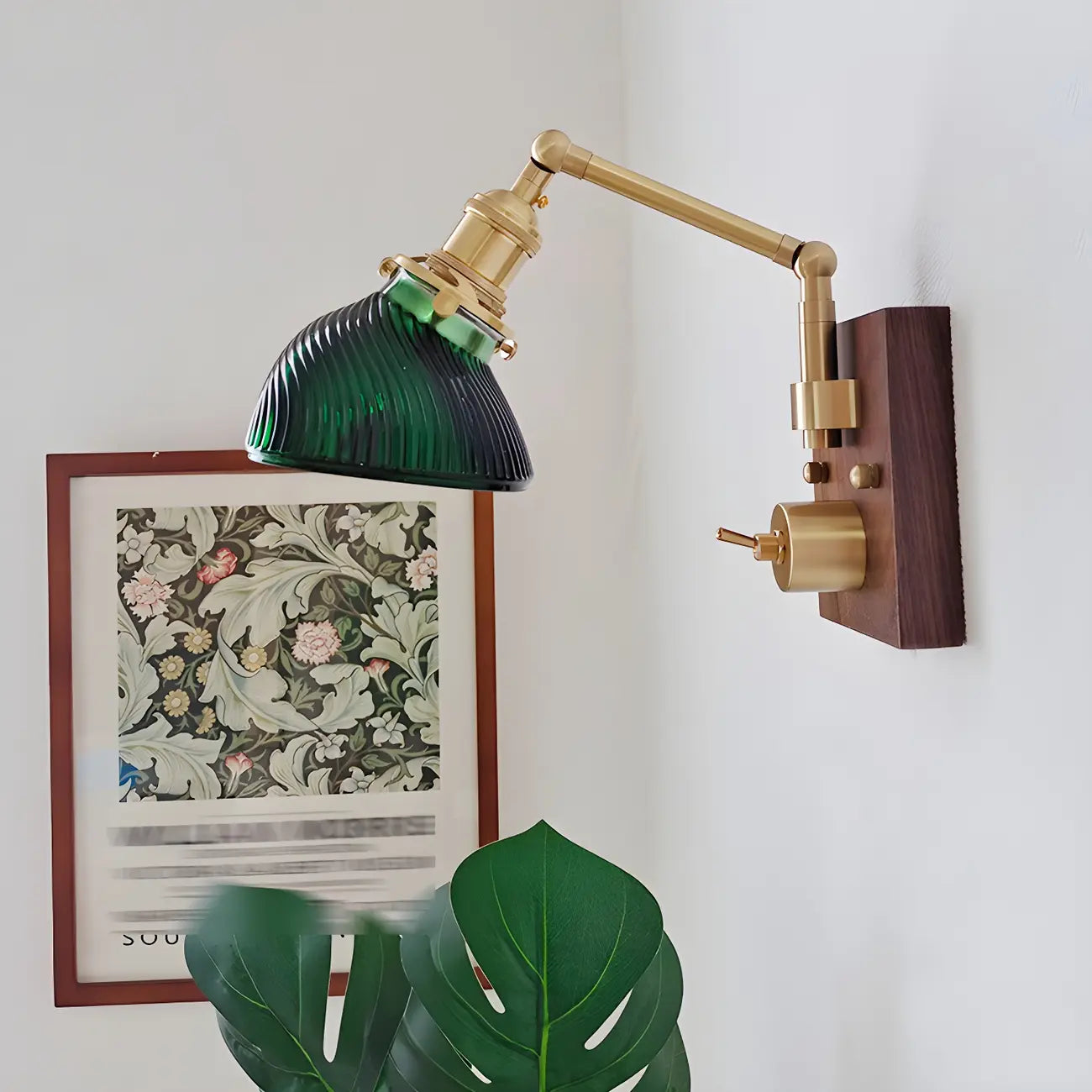 Vintage Brass Glass Adjustable Swing Arm Wall Light