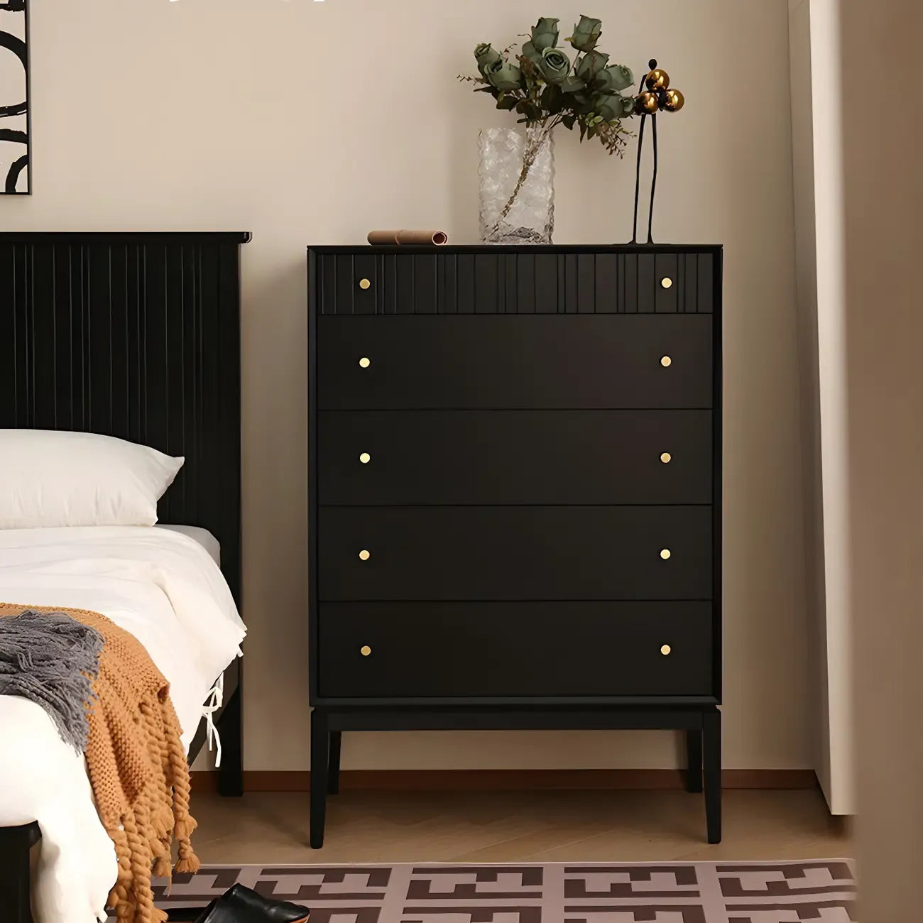 Classic Black Wooden Bachelor Chest with Drawers for Bedroom