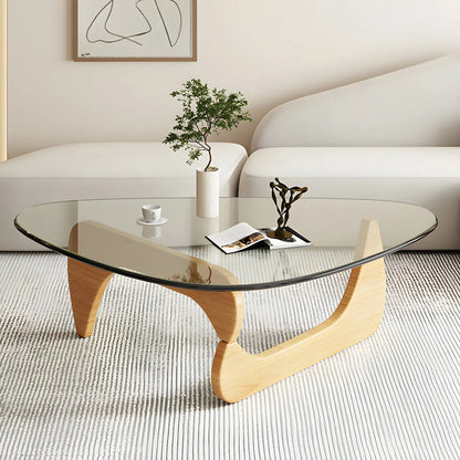 Modern Triangle Glass Coffee Table Wooden Base