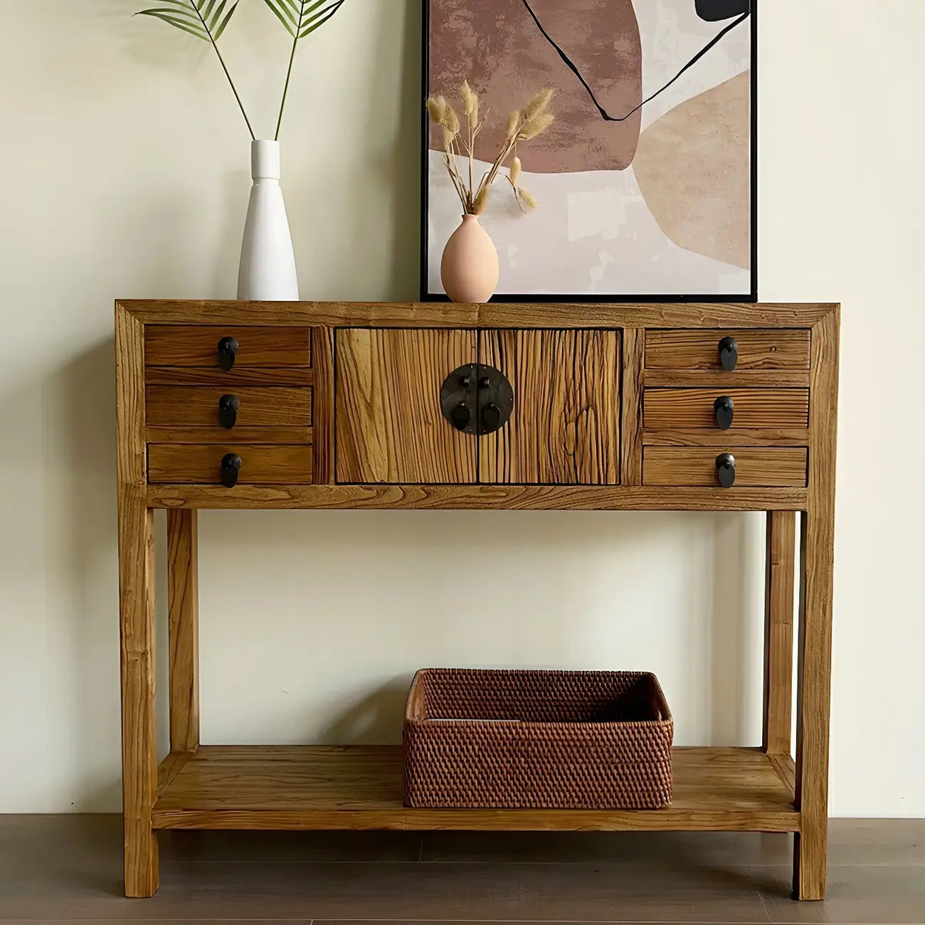 Rustic Wood Floor Shelf Console Table with Drawers