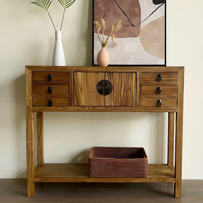 Rustic Wood Floor Shelf Console Table with Drawers