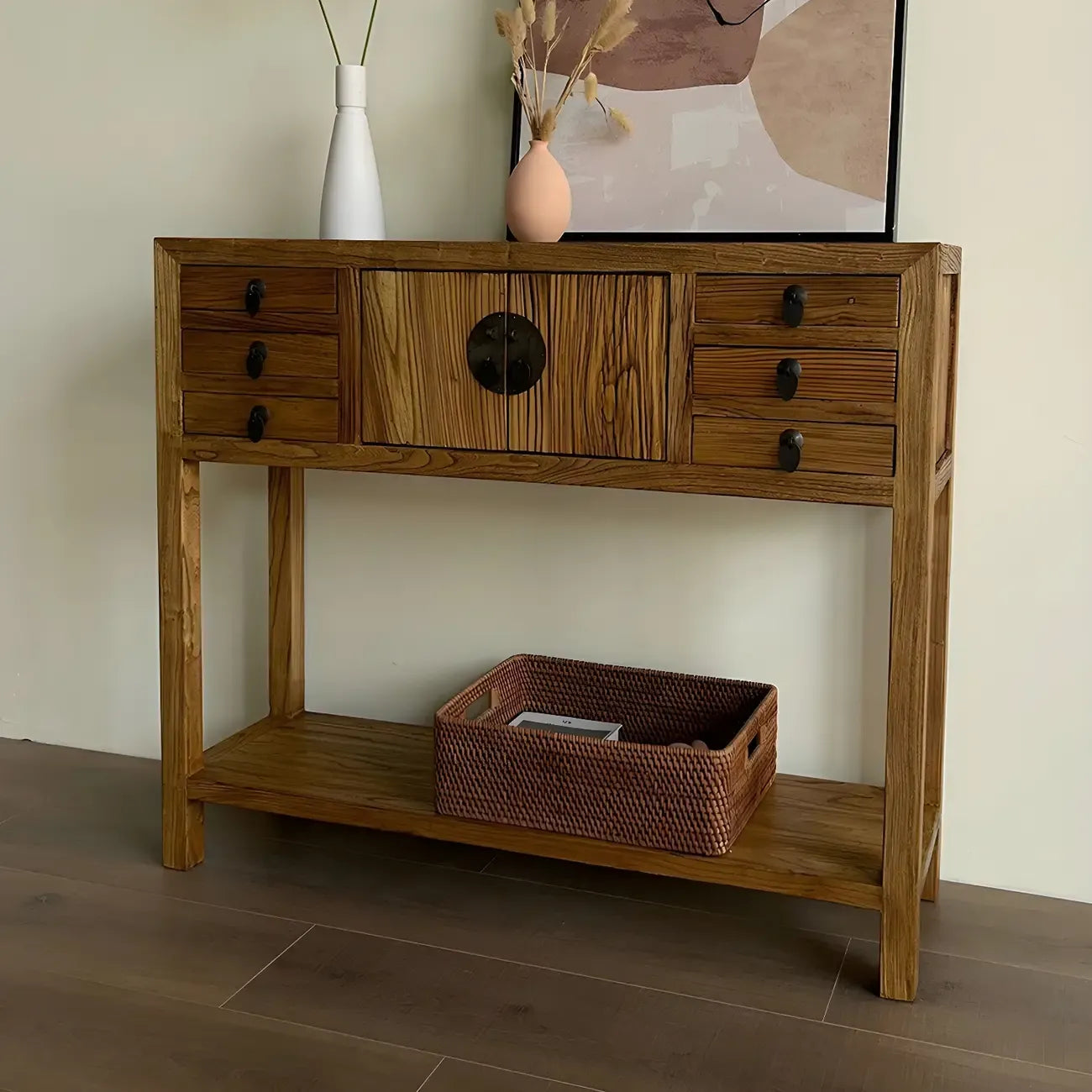 Rustic Wood Floor Shelf Console Table with Drawers