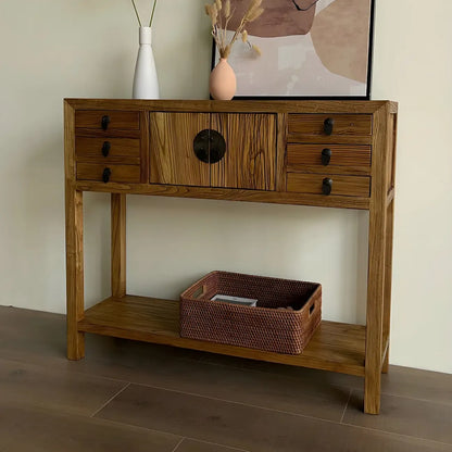 Rustic Wood Floor Shelf Console Table with Drawers