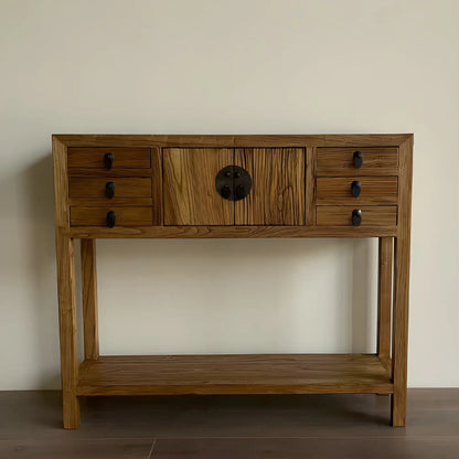 Rustic Wood Floor Shelf Console Table with Drawers
