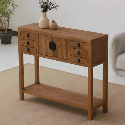 Rustic Wood Floor Shelf Console Table with Drawers