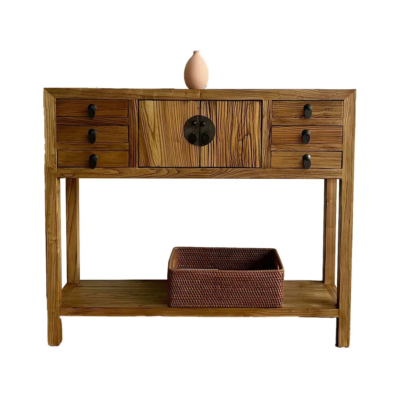 Rustic Wood Floor Shelf Console Table with Drawers