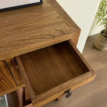 Rustic Wood Floor Shelf Console Table with Drawers