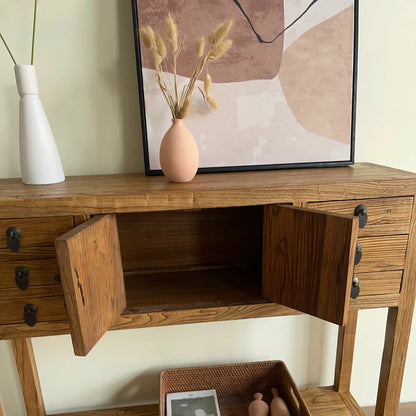 Rustic Wood Floor Shelf Console Table with Drawers