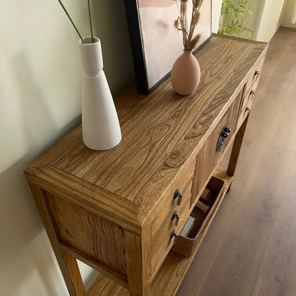 Rustic Wood Floor Shelf Console Table with Drawers