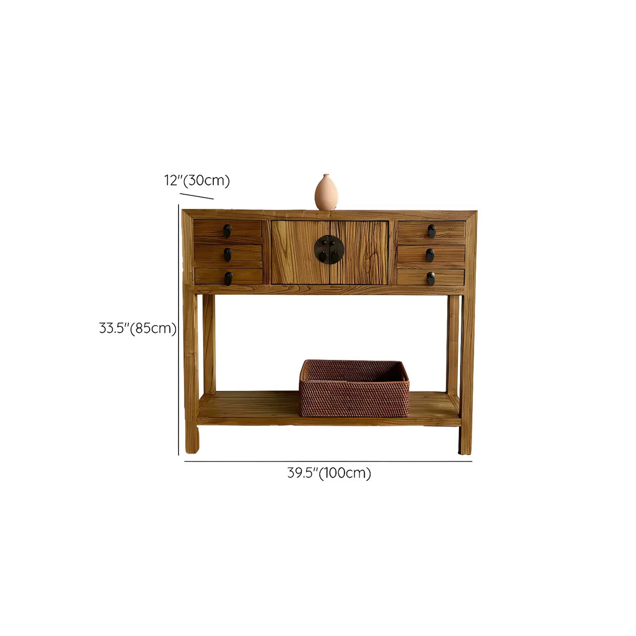 Rustic Wood Floor Shelf Console Table with Drawers