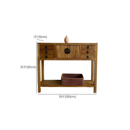 Rustic Wood Floor Shelf Console Table with Drawers