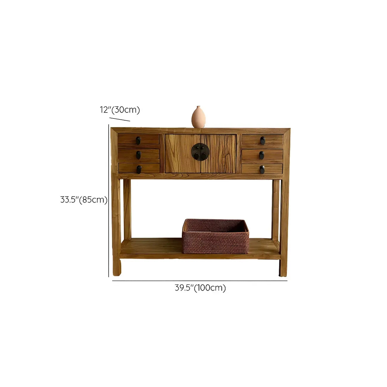 Rustic Wood Floor Shelf Console Table with Drawers