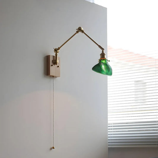 Vintage Brass Swing Arm Carved Glass Shade Wall Light