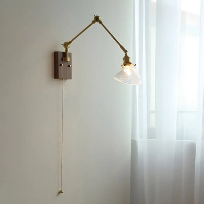 Vintage Brass Swing Arm Carved Glass Shade Wall Light