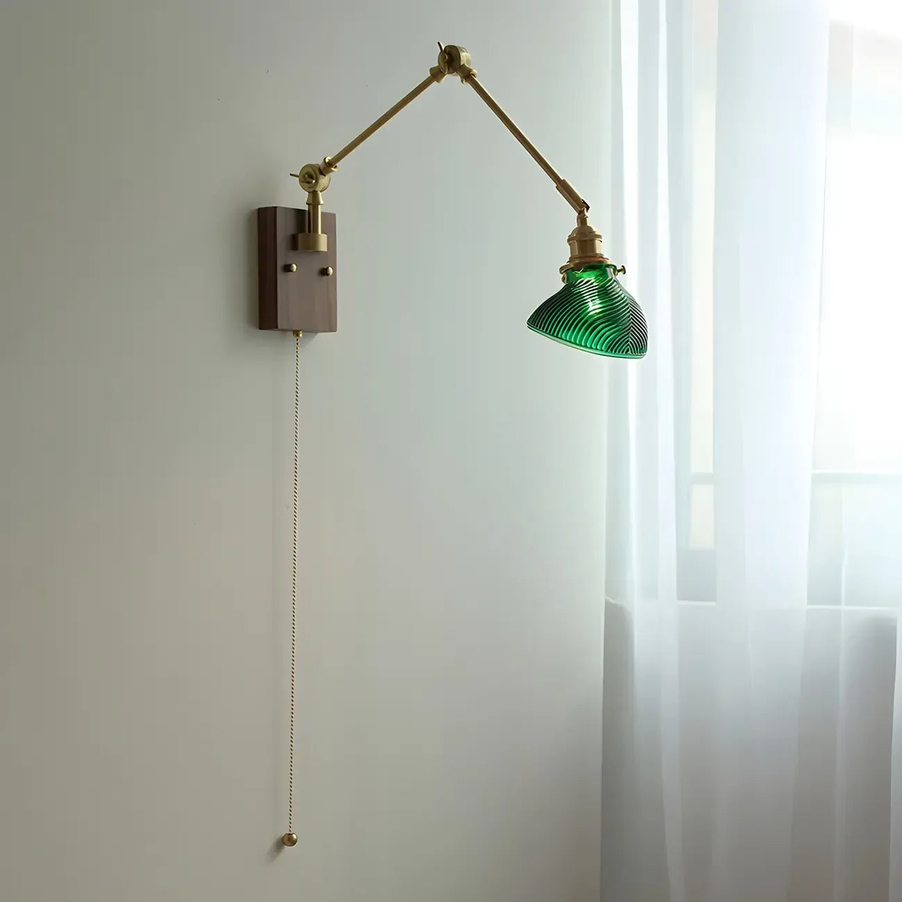 Vintage Brass Swing Arm Carved Glass Shade Wall Light