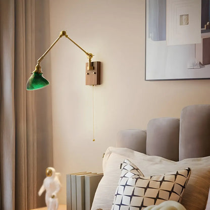 Vintage Brass Swing Arm Carved Glass Shade Wall Light