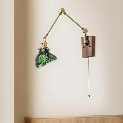 Vintage Brass Swing Arm Carved Glass Shade Wall Light