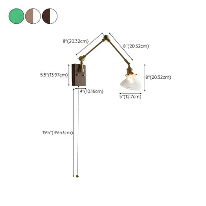 Vintage Brass Swing Arm Carved Glass Shade Wall Light