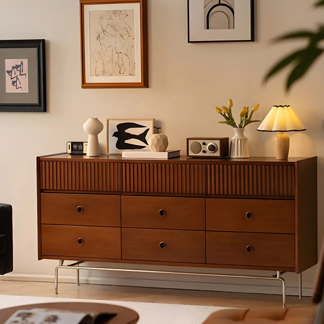 Vintage Brown Wooden Double-Layer Dresser with 9 Drawers